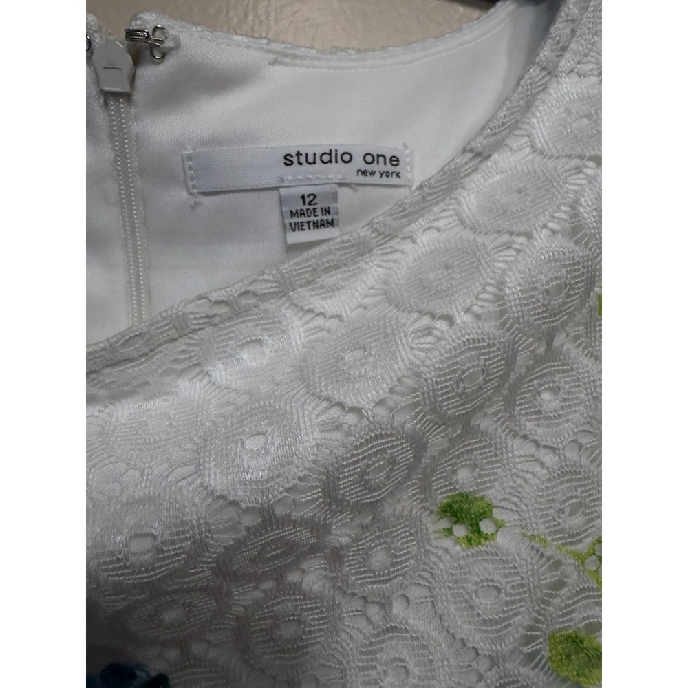 Dress Studio One Sz 12 Women's White Blue Floral Scoop Neck A-Line Textured Lace - Picture 6 of 6